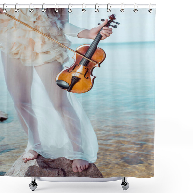 Personality  Cropped View Of Beautiful Woman In White Swan Costume Standing On River Background With Violin  Shower Curtains