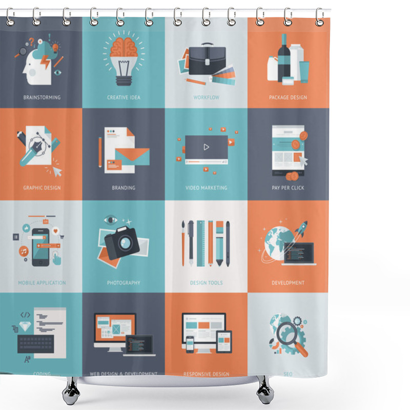 Personality  Set Of Flat Design Concept Icons For Website Development, Graphic Design, Branding, Seo, Web And Mobile Apps Development, Marketing And E-commerce Shower Curtains