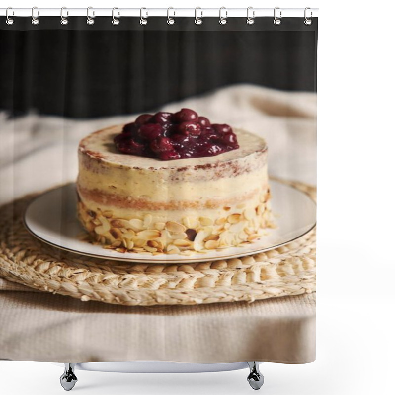 Personality  A Vertical Shot Of A Delicious Cherry Cake With Cream In A White Plate Shower Curtains