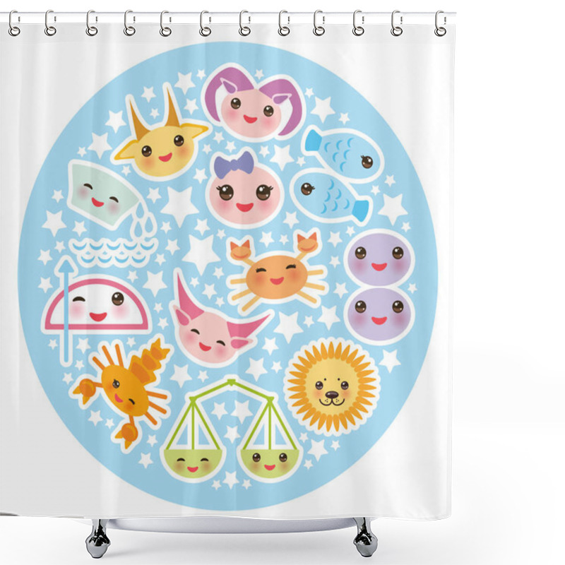 Personality  Funny Kawaii Zodiac Sign, Astrological Stiker Set  Virgo, Aries, Gemini, Cancer, Aquarius, Taurus, Leo, Libra Sagittarius Fish Capricorn Scorpio Bright Blue Background. Vector Illustration Shower Curtains