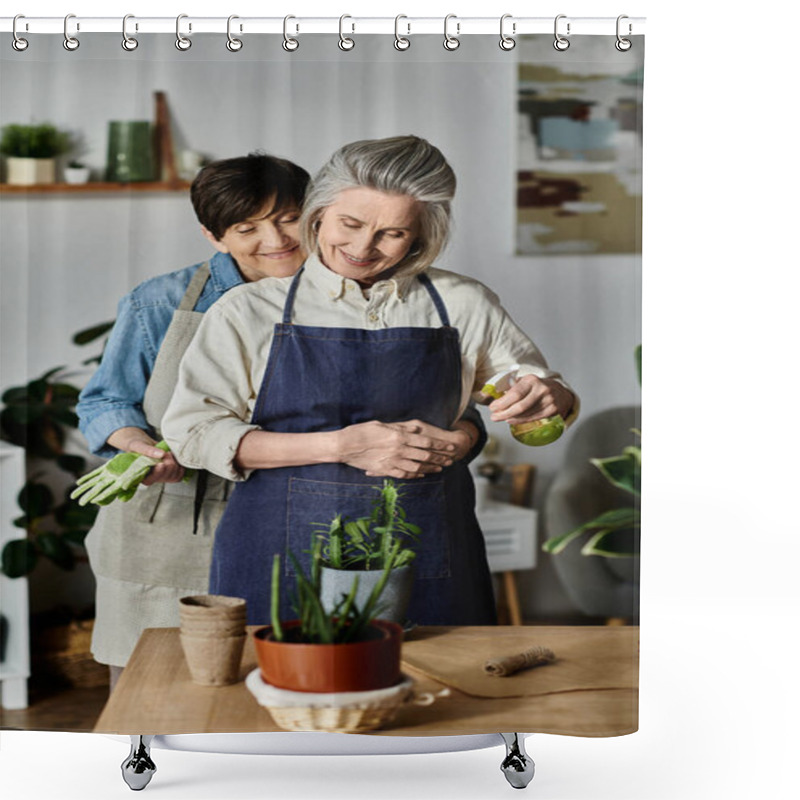 Personality  Two Women In Aprons Caring For A Vibrant Potted Plant With Love And Care. Shower Curtains