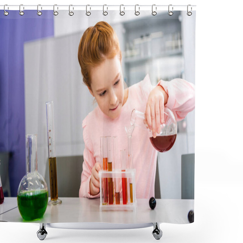 Personality  Smiling Schoolgirl Holding Beaker And Doing Chemical Experiment During Chemistry Lesson  Shower Curtains