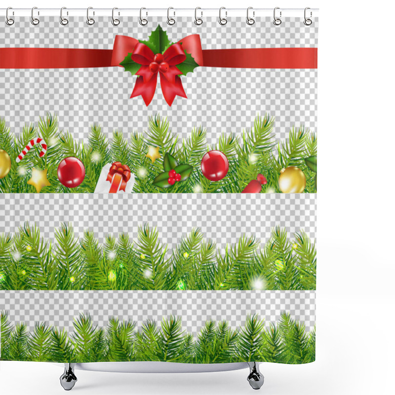 Personality  Red Ribbon With Holly Berries And Fir Tree Border Transparent Background With Gradient Mesh, Vector Illustration Shower Curtains