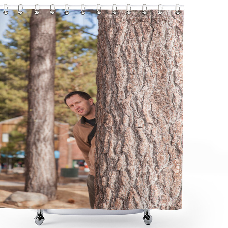 Personality  Man Behind A Tree Trunk Shower Curtains