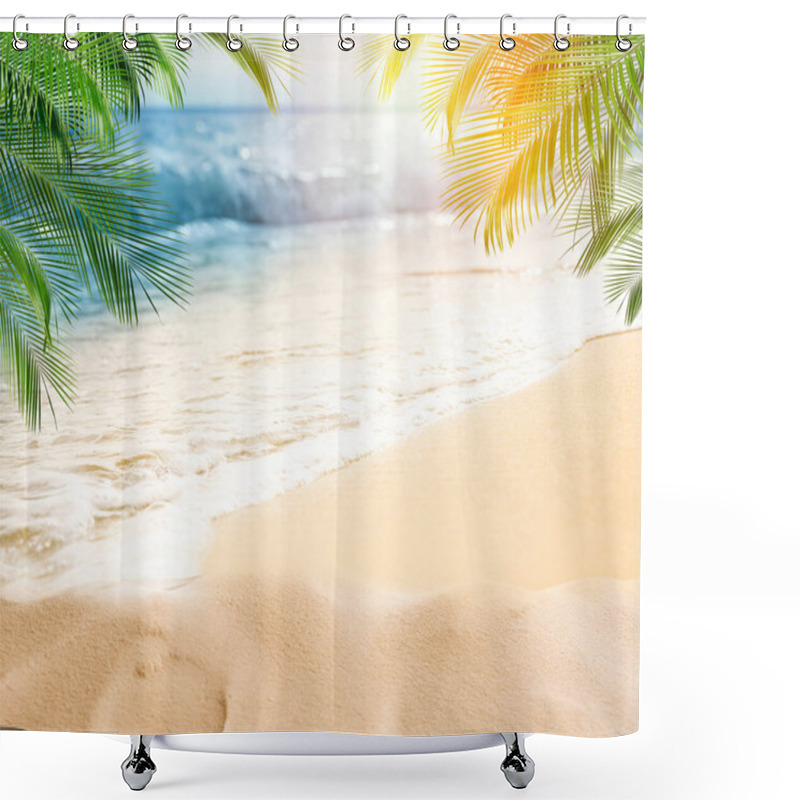 Personality  Sandy Beach With Palms Near Ocean On Sunny Day Shower Curtains