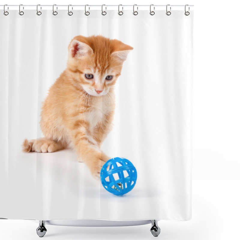 Personality  Cute Orange Kitten Playing With A Toy On A White Background. Shower Curtains