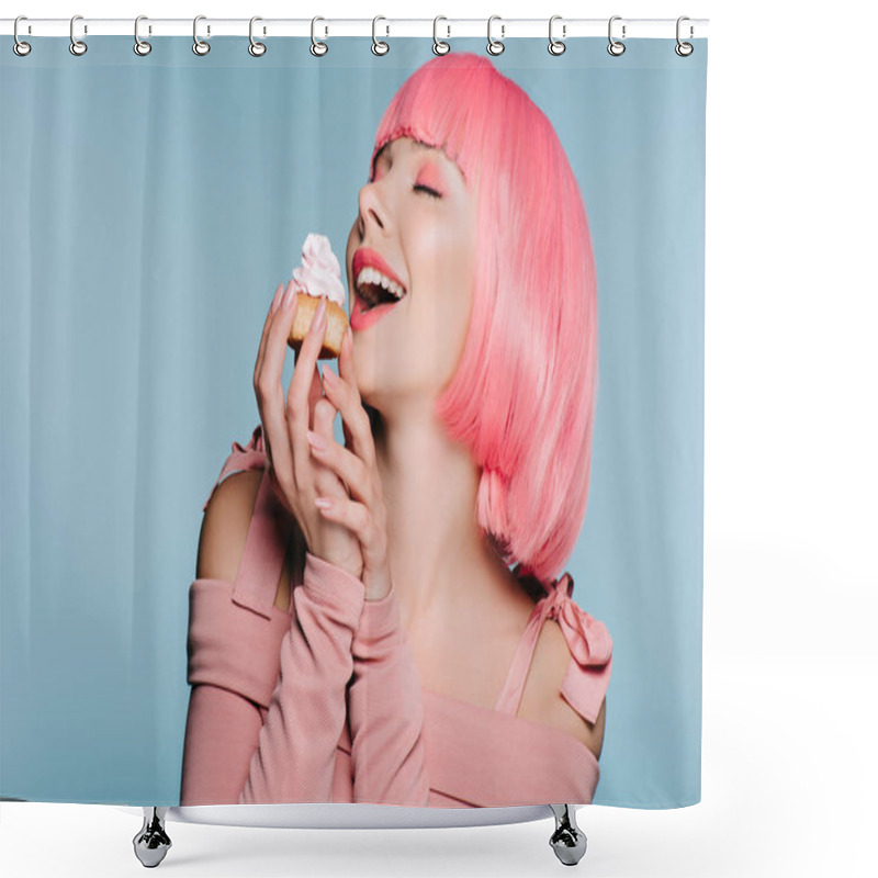 Personality  Excited Girl In Pink Wig Holding Sweet Cupcake Isolated On Blue Shower Curtains