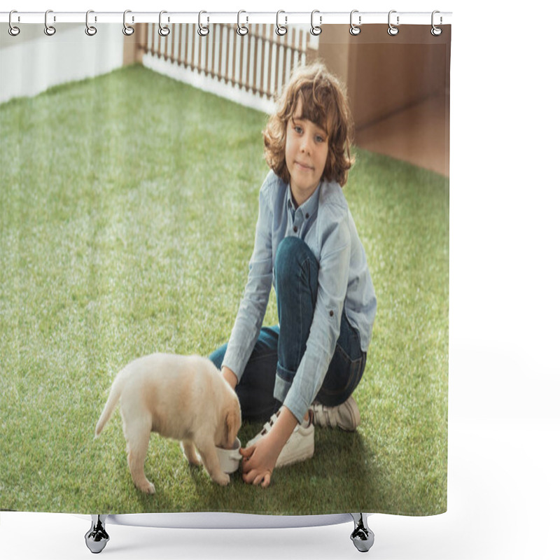 Personality  Little Kid Feeding His Labrador Puppy On Grass Shower Curtains