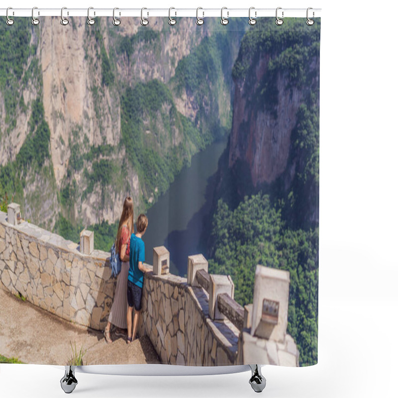 Personality  Mom And Her Son Travelers Exploring Sumidero Canyon National Park, Mexico. Adventure, Natural Exploration, And Travel Experience Concept. Shower Curtains