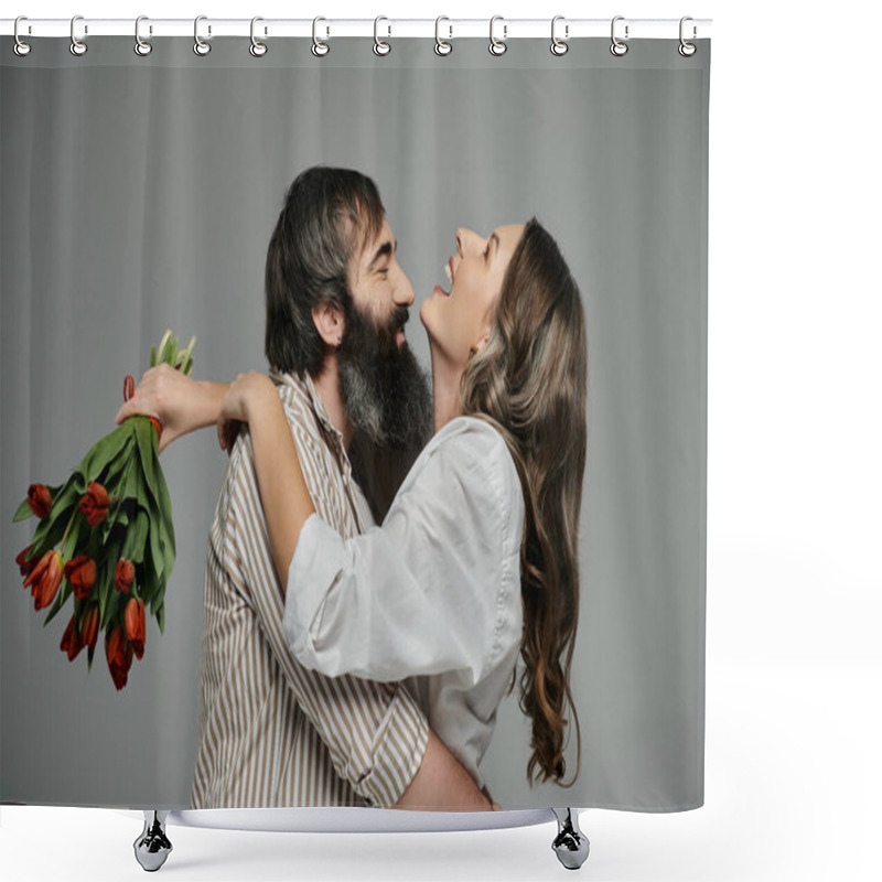 Personality  A Man And Woman In Stylish Attire Embrace With A Bouquet Of Tulips. Shower Curtains