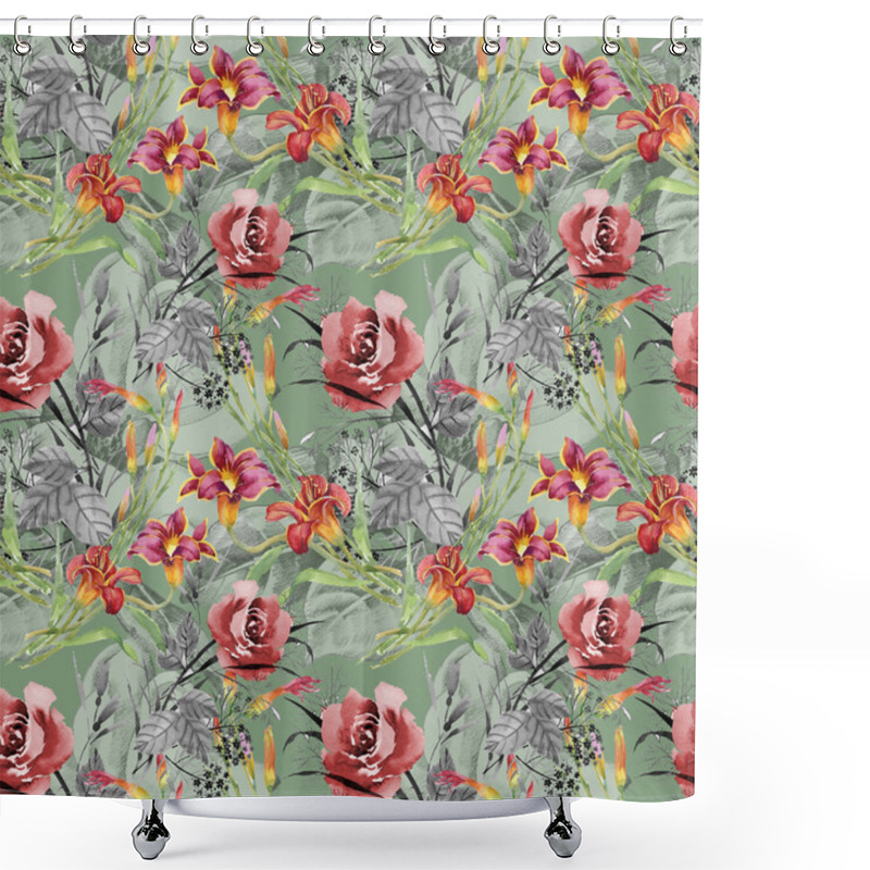 Personality  Garden Blooming Roses And Lily Flowers Shower Curtains