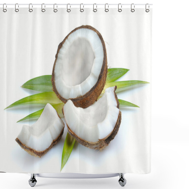 Personality  Coconut With Leaves Closeup On A White Background Shower Curtains