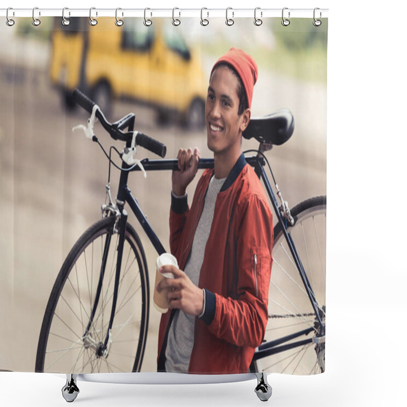 Personality  Man With Bicycle And Coffee To Go Shower Curtains