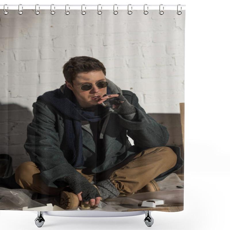 Personality  Homeless Man Smoking Cigarette While Sitting By White Brick Wall Shower Curtains