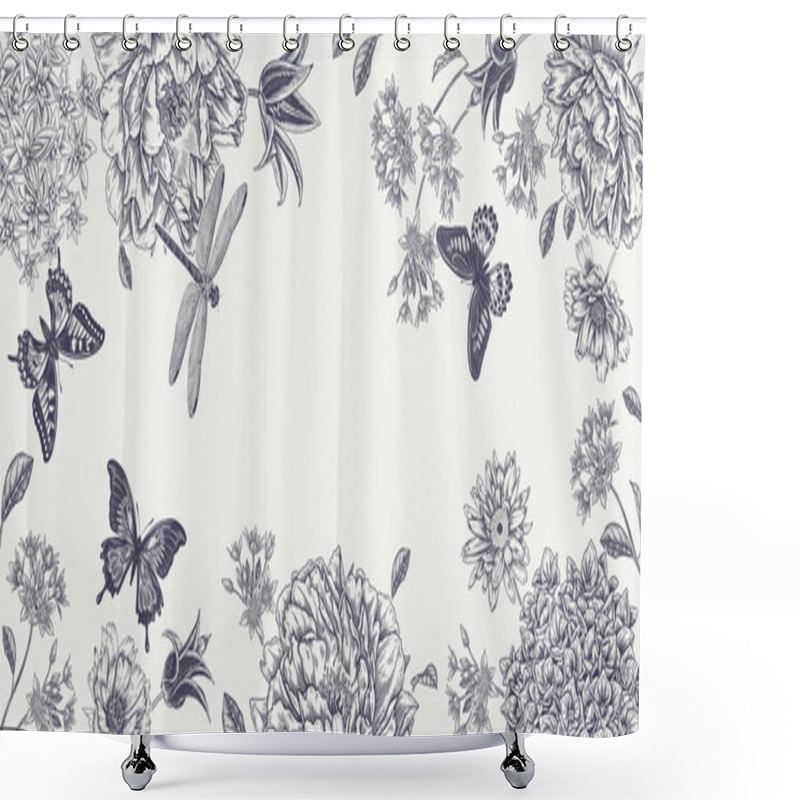 Personality  Blooming Peonies, Hydrangea, Tulips And Daisies Frame. Flowers, Butterflies And Dragonfly. White Background And Black Graphic. Vintage Botanical Illustration. Wedding Floral Decoration. Shower Curtains