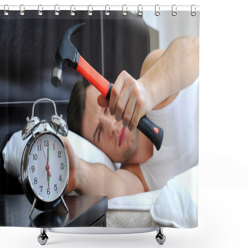 Personality  Lazy man is smashing the alarm clock with a hammer from the bed shower curtains