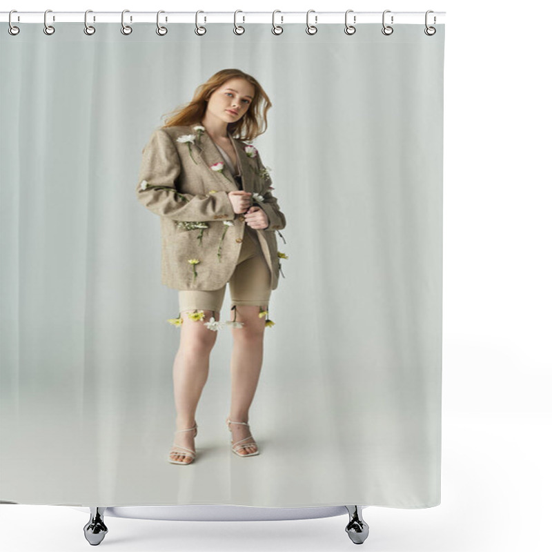 Personality  The Young Woman Showcases A Floral Decorated Outfit With Grace And Elegance. Shower Curtains