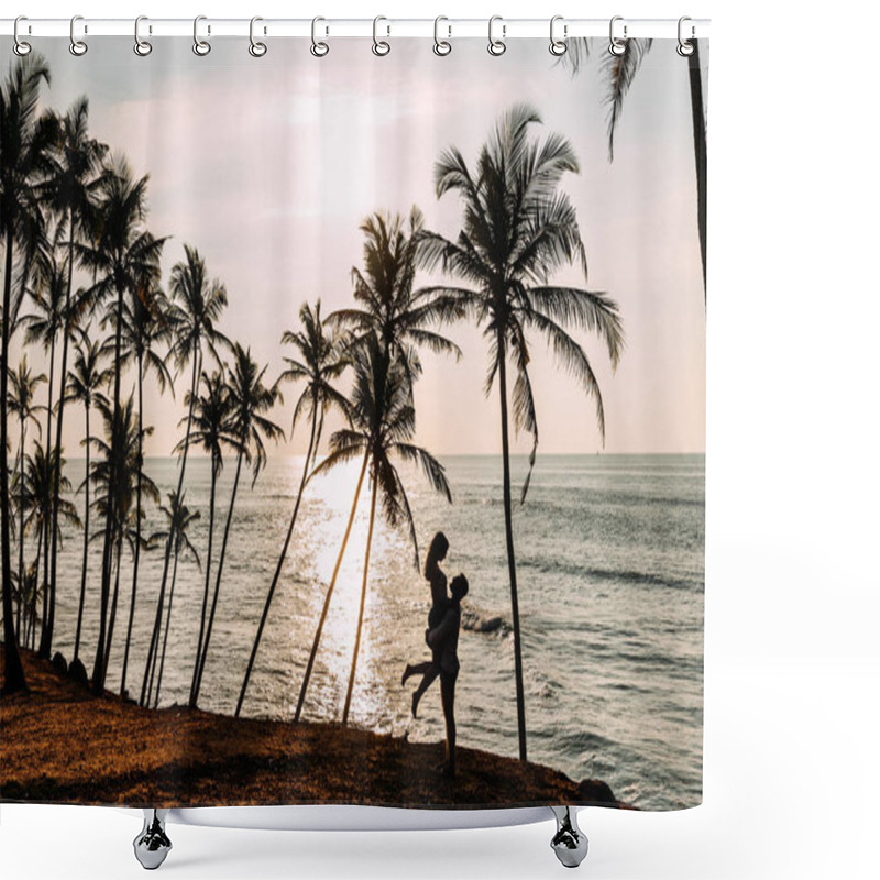 Personality  A Couple In Love Meets A Sunset On The Sea Among The Palm Trees. Man And Woman At Sunset. Honeymoon On The Islands. Honeymoon Trip. Happy Loving Couple. Silhouette Lovers. Wedding Travel. Sri Lanka Shower Curtains