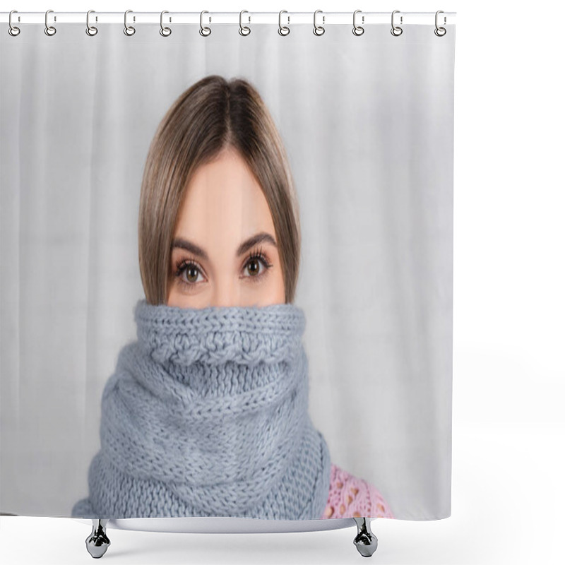 Personality  Young Woman Wrapped In Knitted Scarf Looking At Camera On Grey Background Shower Curtains