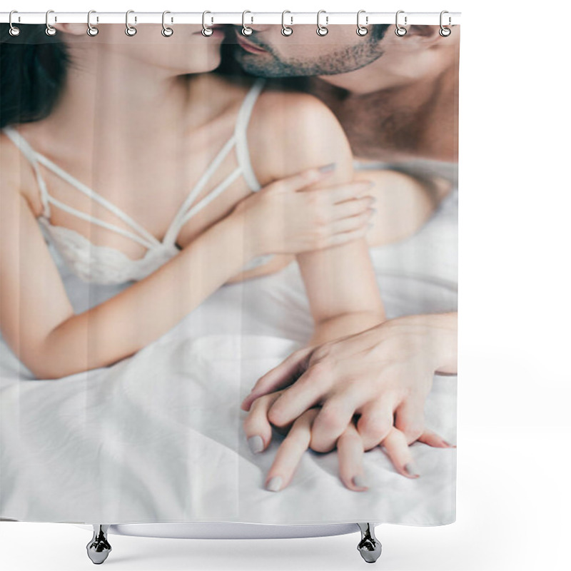 Personality  Cropped Shot Of Seductive Young Couple Holding Hands And Kissing In Bed Shower Curtains