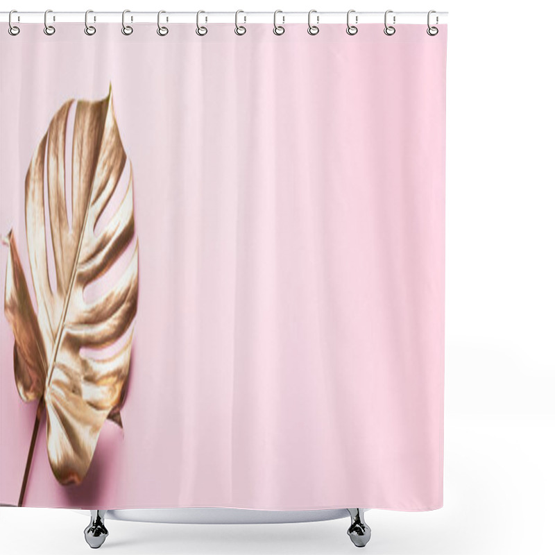 Personality  Floral Minimal Style Concept. Exotic Summer Trend. Golden Tropical Palm Monstera Leaf On Pastel Pink Color Background. Shiny And Sparkle Design, Fashion Concept. Shower Curtains