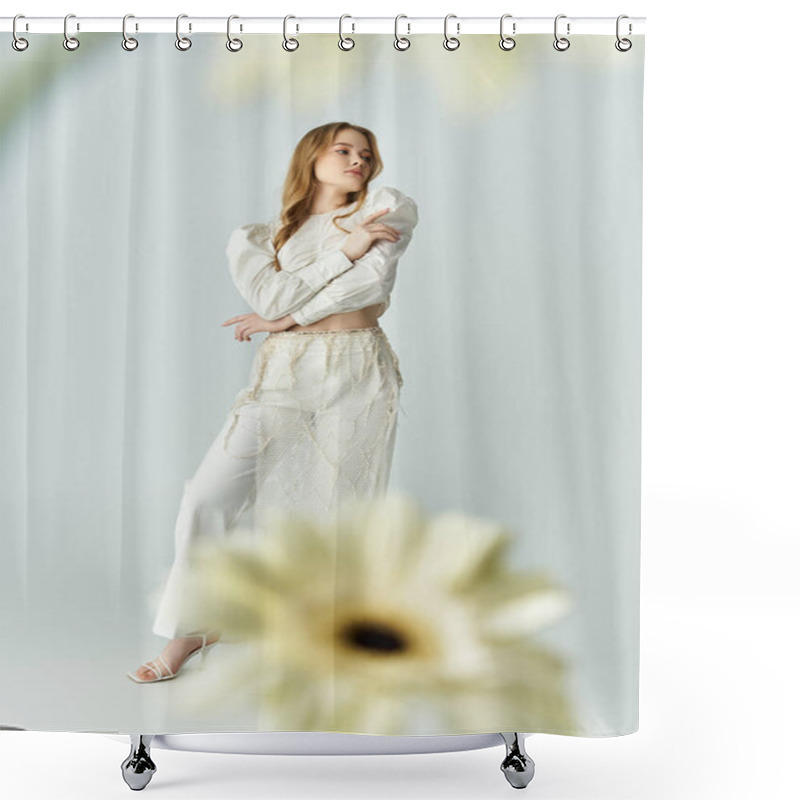 Personality  A Young Woman Showcases Her Beauty, Surrounded By Delicate Flowers. Shower Curtains