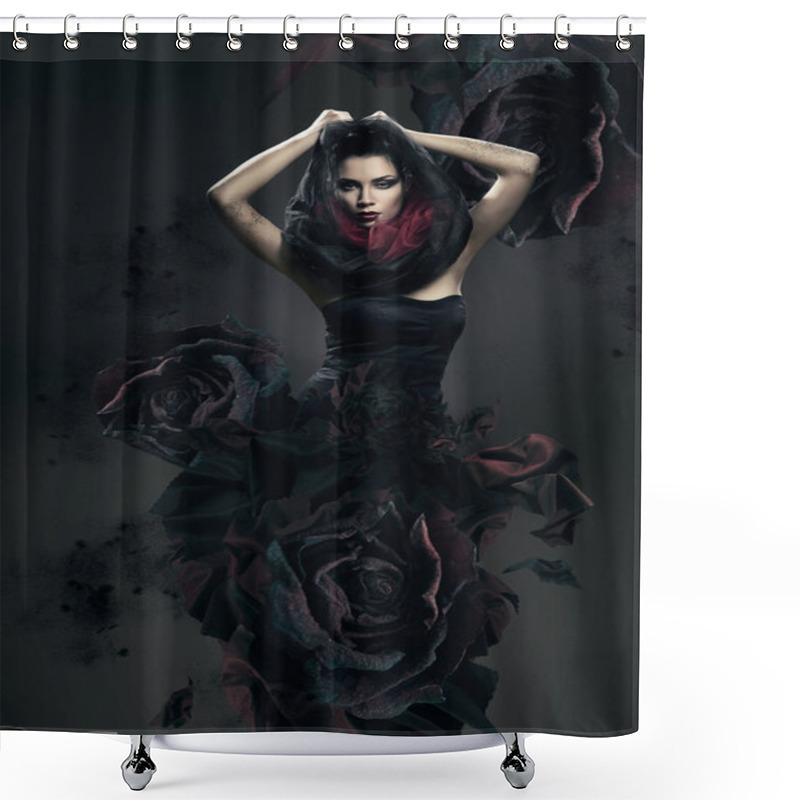 Personality  Mysterious Woman In Dark Hood And Rose Dress Shower Curtains