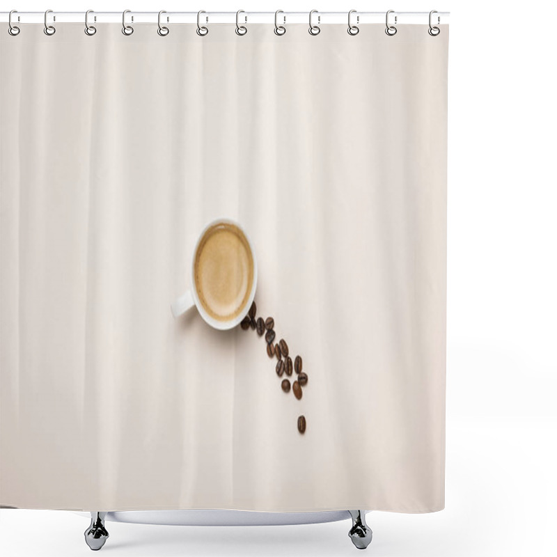 Personality  Top View Of Cup With Tasty Coffee Near Coffee Grains On Beige Background Shower Curtains