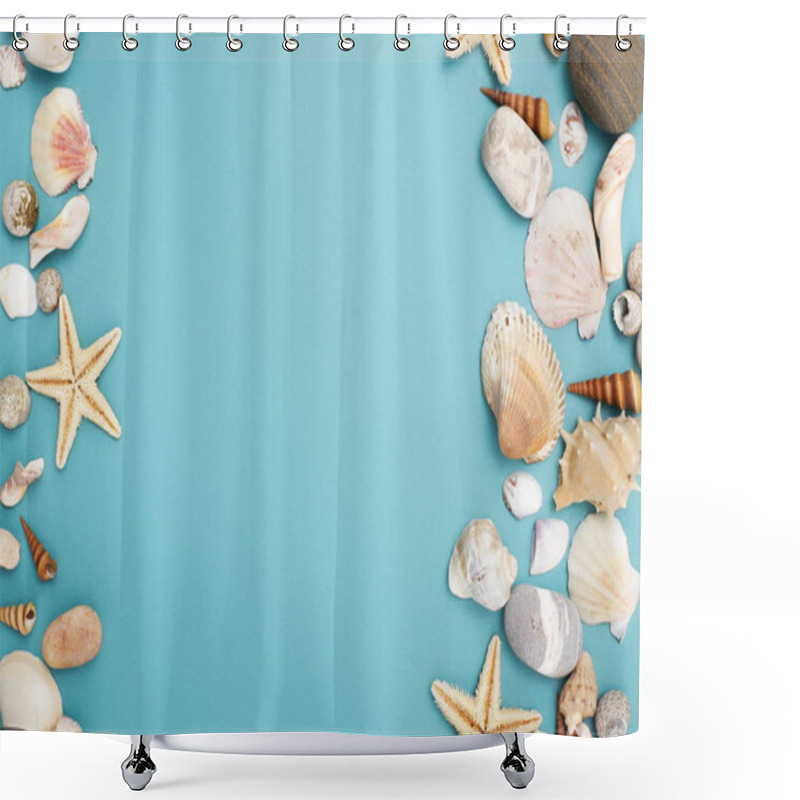 Personality  Frame Of Shells Of Various Kinds On A Blue Background Shower Curtains