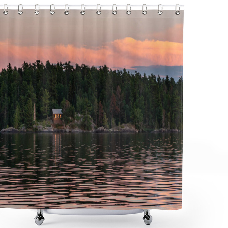 Personality  Rustic Cabin On Island In Rainy Lake Shower Curtains