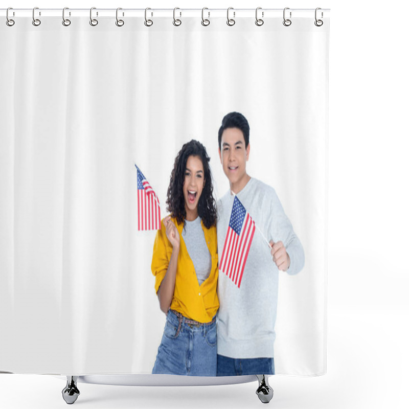 Personality  Smiling Teenage Students With Usa Flags Isolated On White Shower Curtains