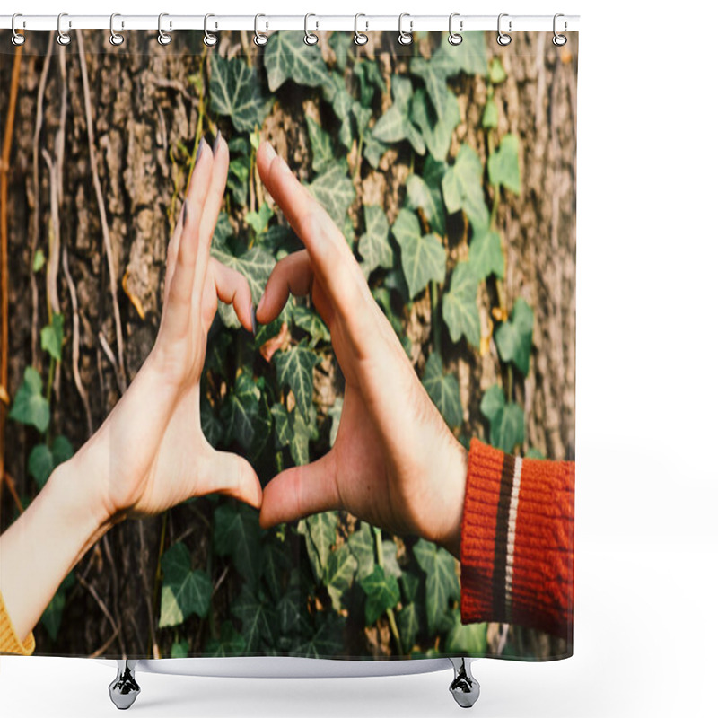 Personality  Male And Female Hands Put Together In Heart Shape. Couple In Love Near Tree. Mans And Womans Hands Shower Curtains