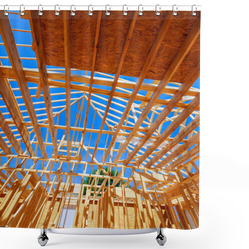 Personality  Wooden Structure Framework Skeletal Frame Of Building, Highlighting Intricate Network Of Wooden Beams Shower Curtains