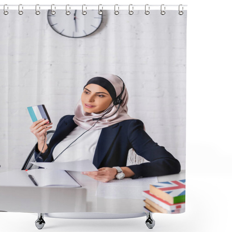 Personality  Arabian Interpreter Holding Document And Digital Translator With Uae Flag Emblem Near Dictionaries On Blurred Foreground Shower Curtains