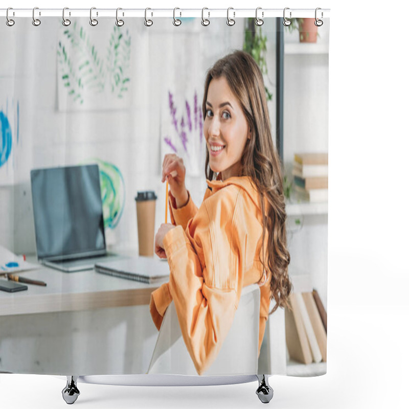 Personality  Cheerful Girl Smiling At Camera While Sitting At Desk Near Laptop With Blank Screen Shower Curtains