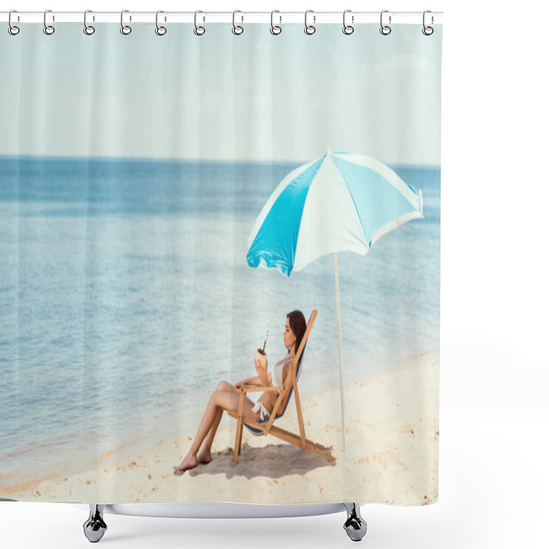 Personality  Beautiful Girl In Bikini With Coconut Cocktail Resting On Deck Chair Under Beach Umbrella Near Sea Shower Curtains