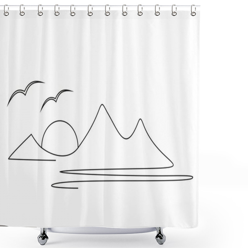 Personality  Landscape, One Stroke Drawing, Mountain, Lake, Sun And Birds, Vector Illustration, Line Art Shower Curtains