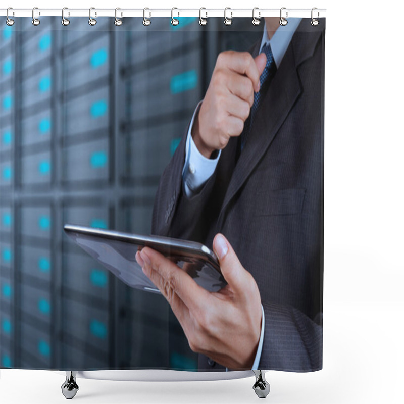 Personality  Businessman Hand Using Tablet Computer And Server Room Shower Curtains