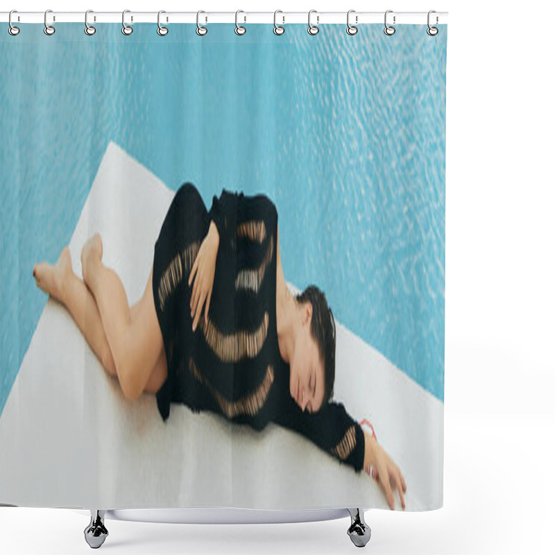 Personality  Luxury Resort, Sexy Brunette Woman With Tanned Skin In Black Knitted Dress Lying Next To Outdoor Swimming Pool With Shimmering Water In Miami, Summer Getaway, Youth, Poolside Relaxation, Banner  Shower Curtains