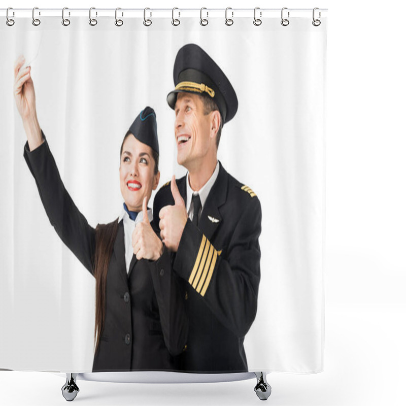 Personality  Smiling Stewardess And Pilot Taking Selfie Isolated On White Shower Curtains