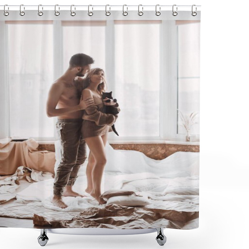 Personality  Stay At Home Awareness Social Media Campaign And Coronavirus Prevention. Happy Loving Couple Play With Her Kitten At Home   Shower Curtains