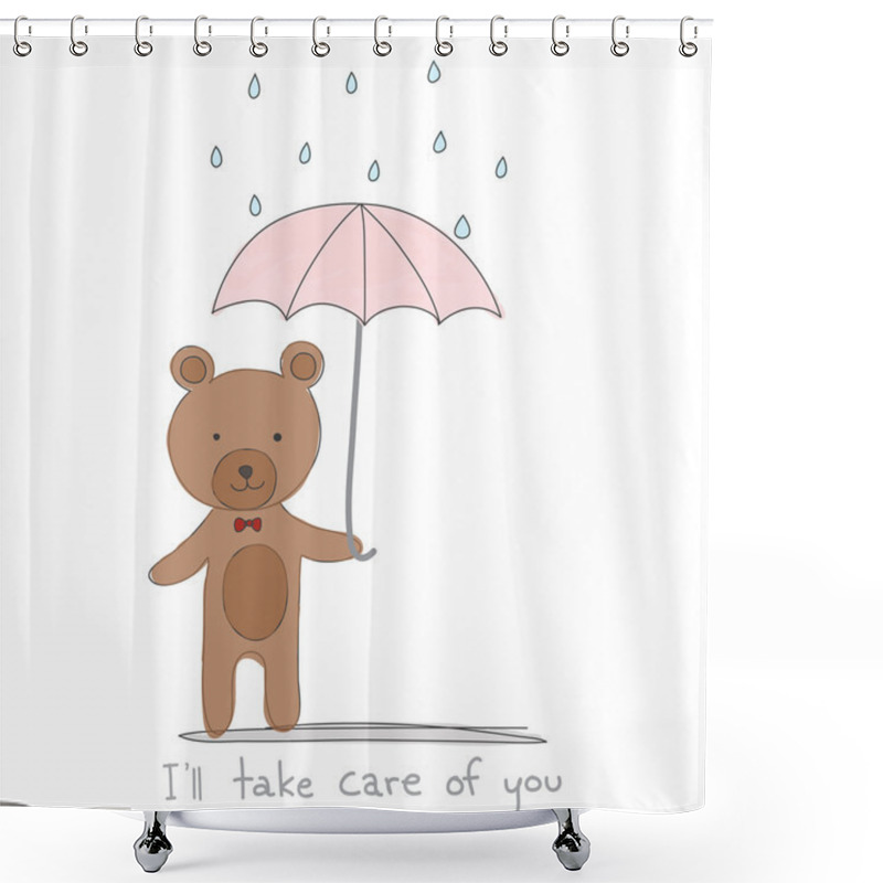 Personality  Brown Bear Holding Pink Umbrella With Rain Hand Drawn Style And  Shower Curtains