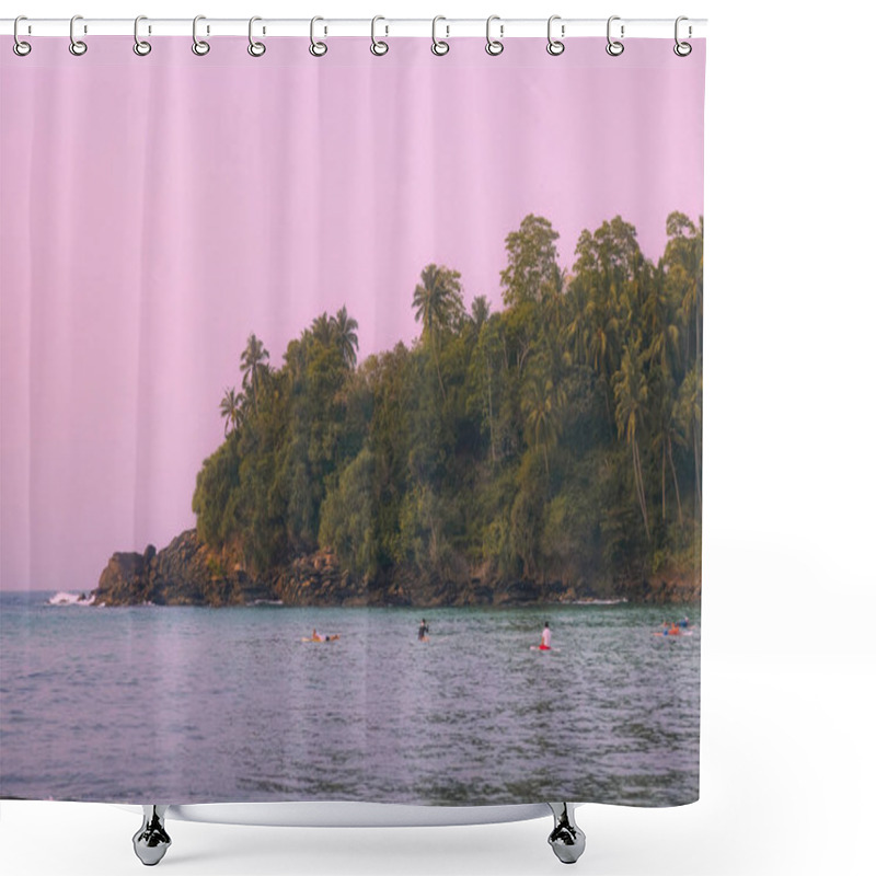 Personality  Tropical Beach Skyline With Seascape, Island, And Palm Trees. Wonderful Sunny Summer Photo. Stunning Pink Skies And Surfers Catching Waves In The Distance. Ideal For Travel Brochures, Websites, And Shower Curtains