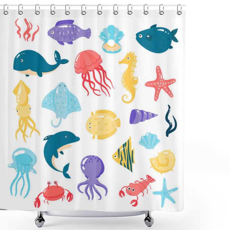 Personality  Set Of Different Sea Animals In Cute Cartoon Style Shower Curtains