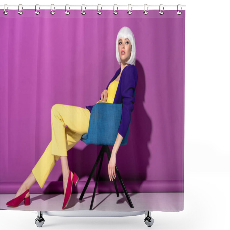 Personality  Charming Girl In White Wig Sitting In Armchair And Looking Away On Purple Background Shower Curtains