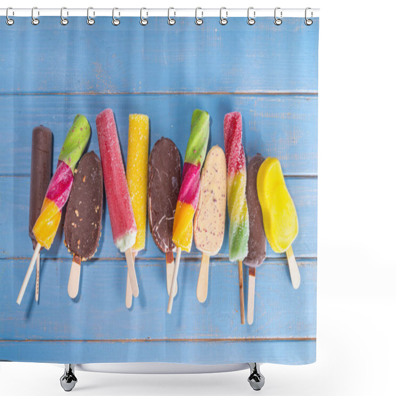 Personality  Various Ice Cream Popsicle On Turquoise Wooden Background, Summer Sweets, Dessert, Vacation And Holiday Background, Set Of Assorted Flavors Popsicle Lollipops - Chocolate, Vanilla, Fruit, Rainbow  Shower Curtains