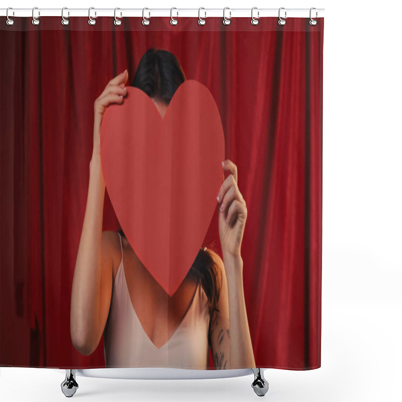 Personality  Young Woman Holding Paper Heart And Obscuring Face On Red Shower Curtains