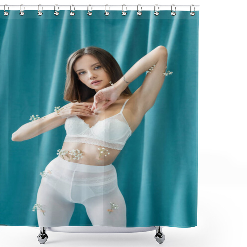 Personality  Pretty Brunette Woman In White Tights And Bra, With Small Flowers On Body, Posing Near Green Drapery On Background Shower Curtains