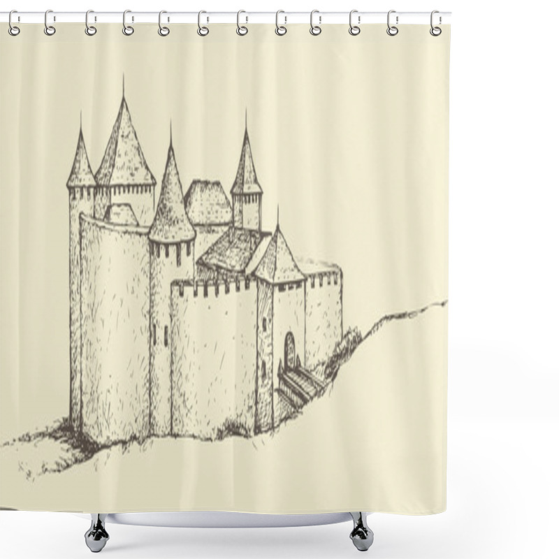 Personality  Khotyn Fortress, Ukraine. Vector Sketch Shower Curtains