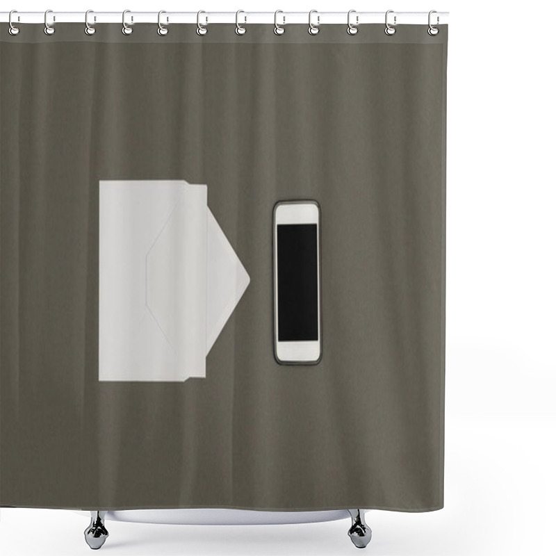 Personality  Top View Of White Envelope, Blank Card And Smartphone With Blank Screen Isolated On Grey Shower Curtains